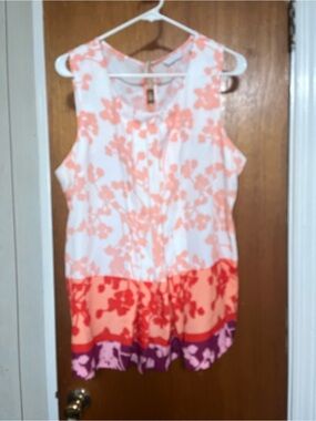 New York & Company Coral, White & Purple Floral Sleeveless Blouse